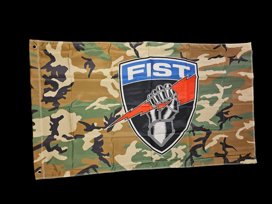 Woodland camo fist shield flag