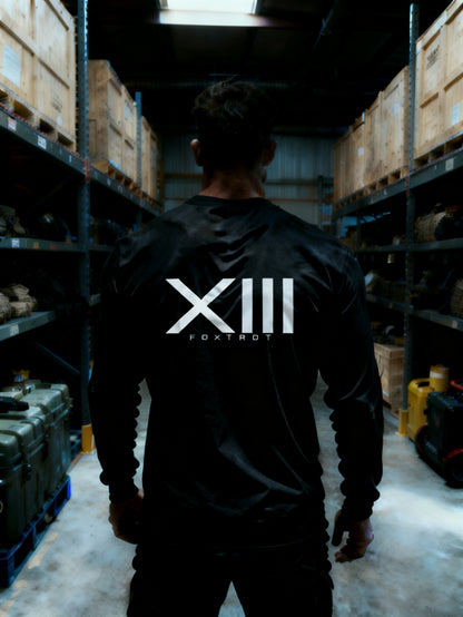 13 foxtrot long sleeve black tee des2